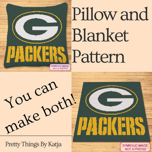 Packers football tapestry crochet blanket and pillow pattern featuring green, white, and yellow sports lettering.