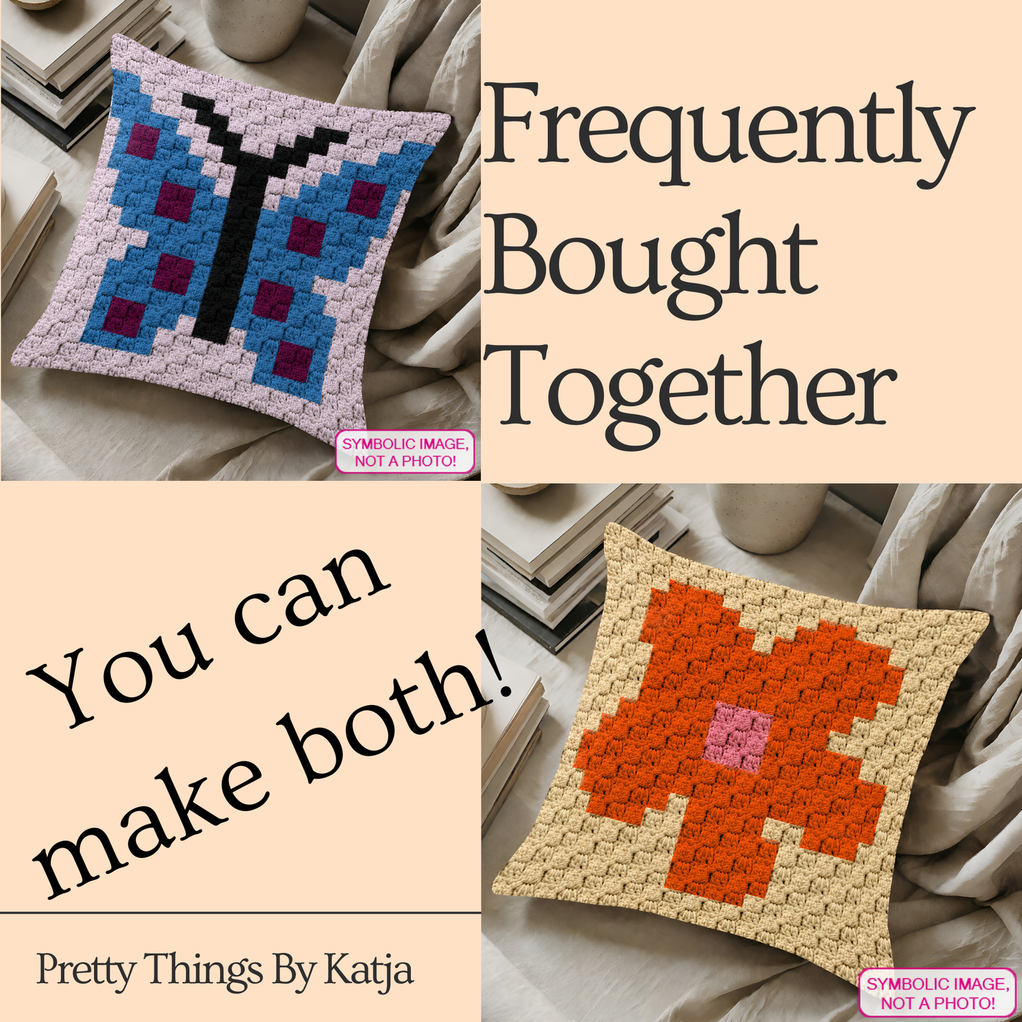 Beginner-friendly C2C crochet pillow pattern featuring a butterfly design in 20 x 20 blocks.