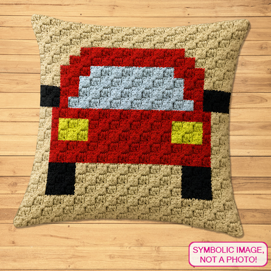 Crochet red car C2C pillow pattern with written row-by-row instructions and color chart.