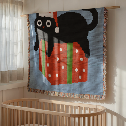 Funny Christmas black cat crochet pattern blanket with Santa hat and wrapped gift
