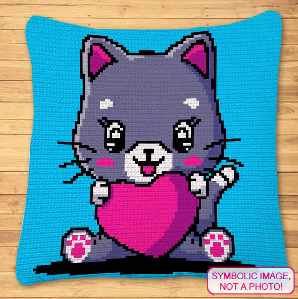 Crochet Kitty with a Heart Pattern - Tapestry Crochet Blanket Pattern, Crochet Cat Pillow