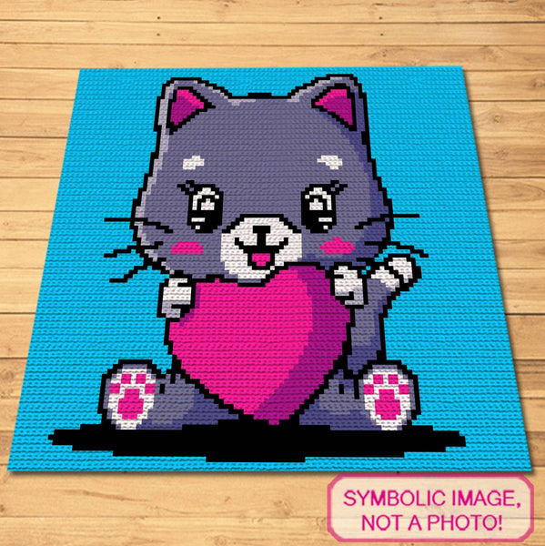 Crochet Kitty with a Heart Pattern - Tapestry Crochet Blanket Pattern, Crochet Cat Pillow