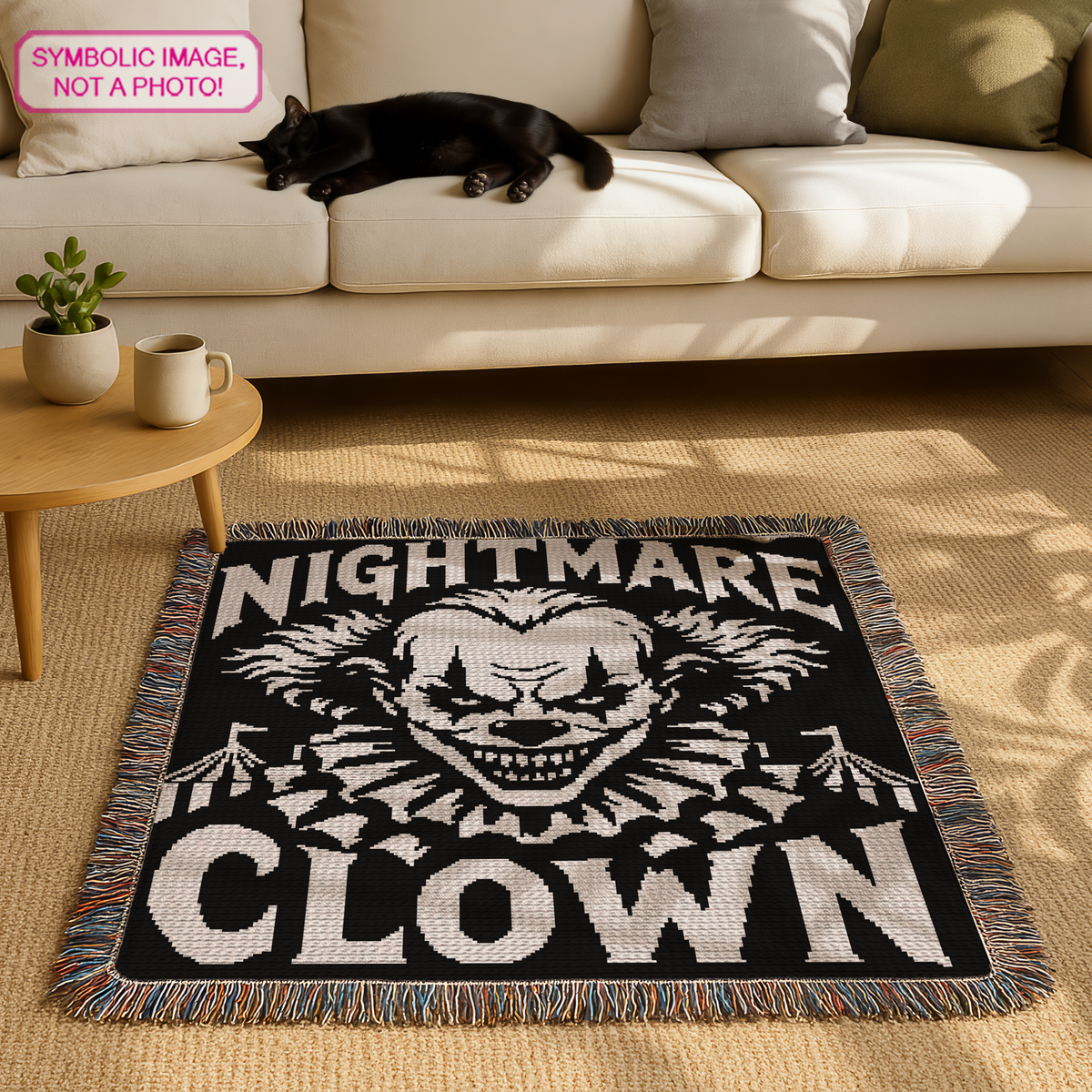 Horror-inspired SC crochet graphghan featuring a nightmare clown face and ruffled collar.
Creepy crochet blanket pattern for horror fans with a clown motif and haunting expression.