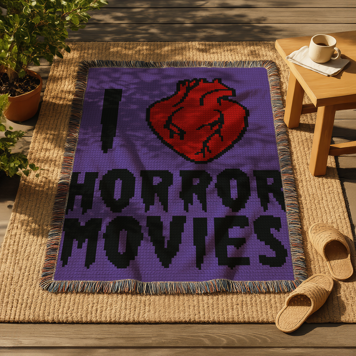 Black and red horror C2C pattern with bold quote and anatomical heart graphic.
C2C crochet blanket pattern for horror movie fans with written instructions.