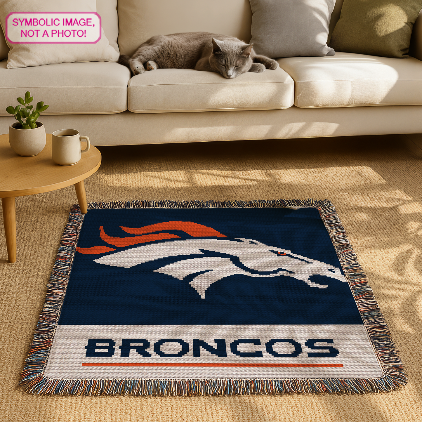 Tapestry crochet sports blanket pattern for football season, fan caves, bedrooms, and game-day decor.
Football crochet graph pattern with bold Broncos-inspired design, three colors, and written instructions.