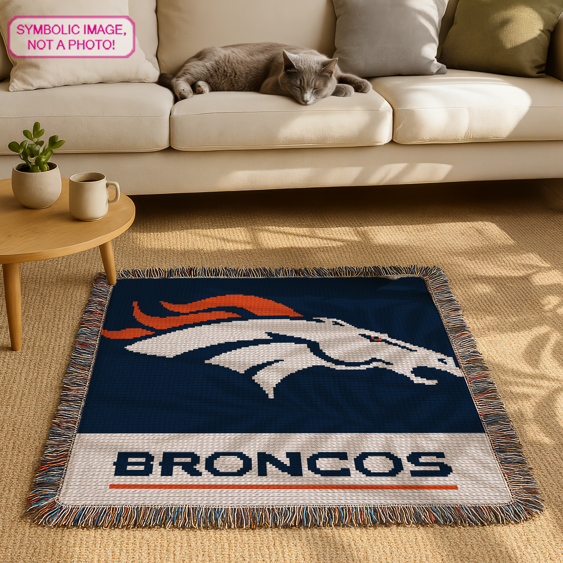 Tapestry crochet sports blanket pattern for football season, fan caves, bedrooms, and game-day decor.
Football crochet graph pattern with bold Broncos-inspired design, three colors, and written instructions.