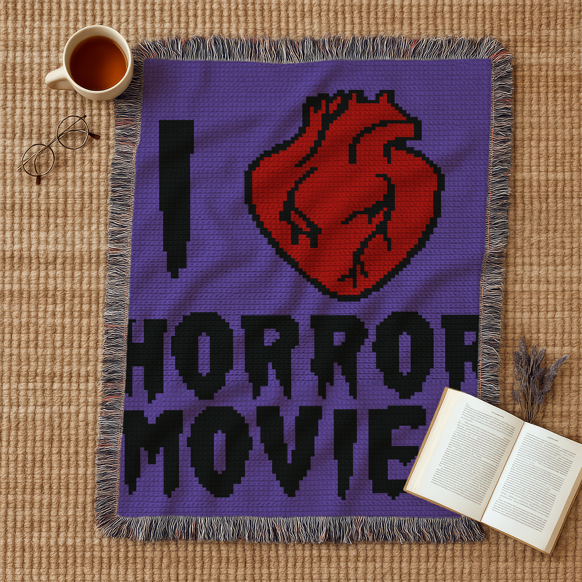 I Love Horror Movies C2C crochet graph pattern with 100 x 140 block design.
Gothic C2C blanket pattern featuring a red heart and horror movie quote.