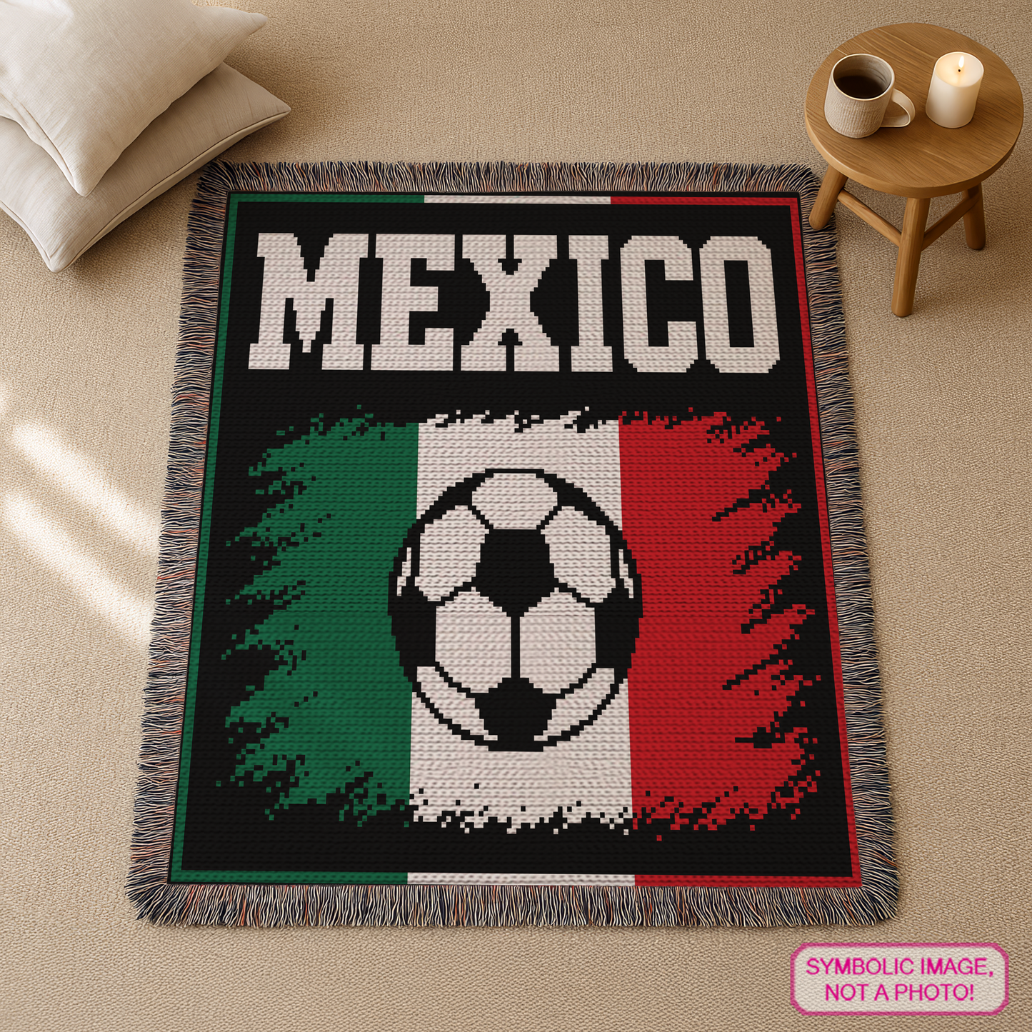 Mexico football crochet graph pattern for World Cup fans, soccer players, kids’ rooms, and handmade gifts.
C2C Mexico soccer blanket pattern with flag-inspired colors, soccer ball design, and written instructions.