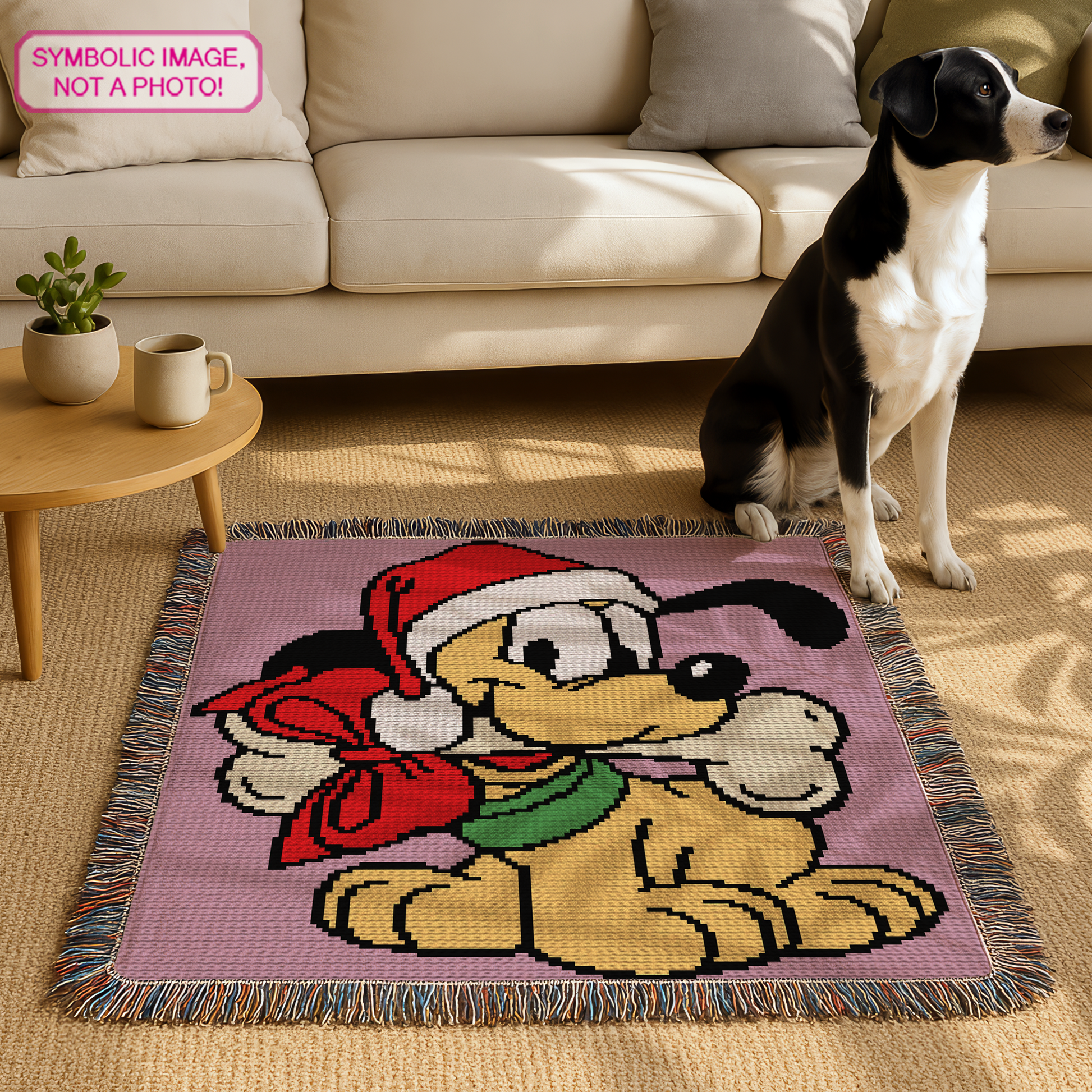 C2C Christmas dog graphgan pattern with a 150 x 150 color chart and written row-by-row instructions.
Holiday puppy corner-to-corner crochet blanket pattern using pink, red, black, white, ivory, green, and yellow yarn.