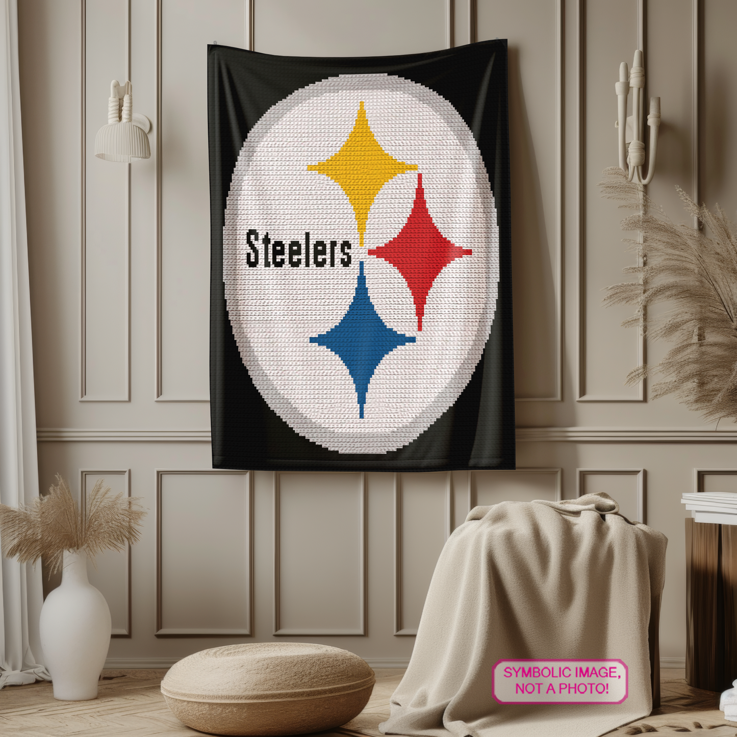 Tapestry crochet sports blanket pattern for football season, fan caves, bedrooms, and game-day decor.
Football crochet graph pattern with bold Steelers-inspired design, six colors, and written instructions.