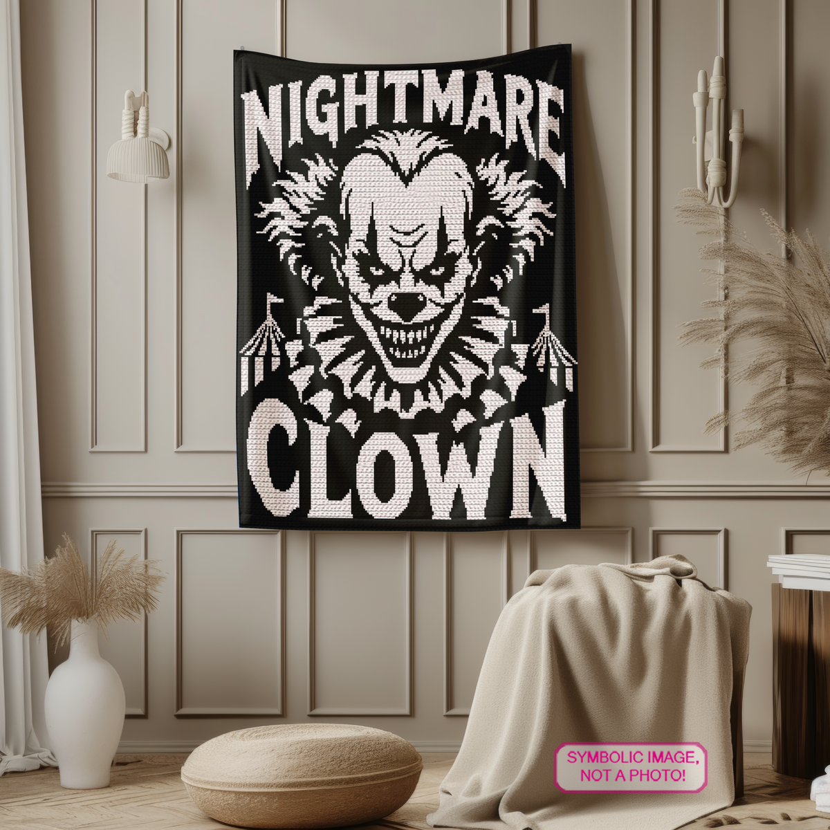 Nightmare Clown crochet graph pattern with written instructions for a bold spooky blanket.
Creepy clown blanket crochet design perfect for Halloween crafting and horror lovers.
