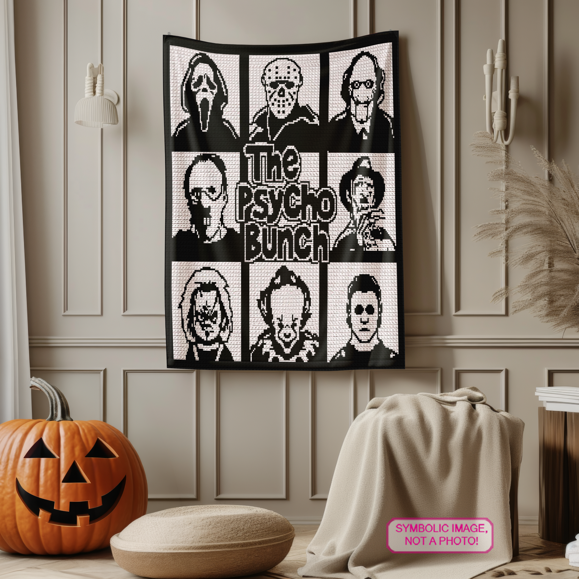 Halloween tapestry crochet graphgan pattern with spooky movie-inspired characters on a dark background.
Spooky crochet blanket pattern for horror fans, gothic home decor, movie rooms, and handmade Halloween gifts.