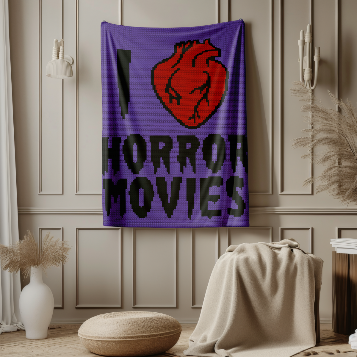 Halloween crochet blanket pattern featuring I Love Horror Movies and a dramatic heart graphic.
Horror-themed tapestry crochet pattern for blankets, pillows, and movie room decor.