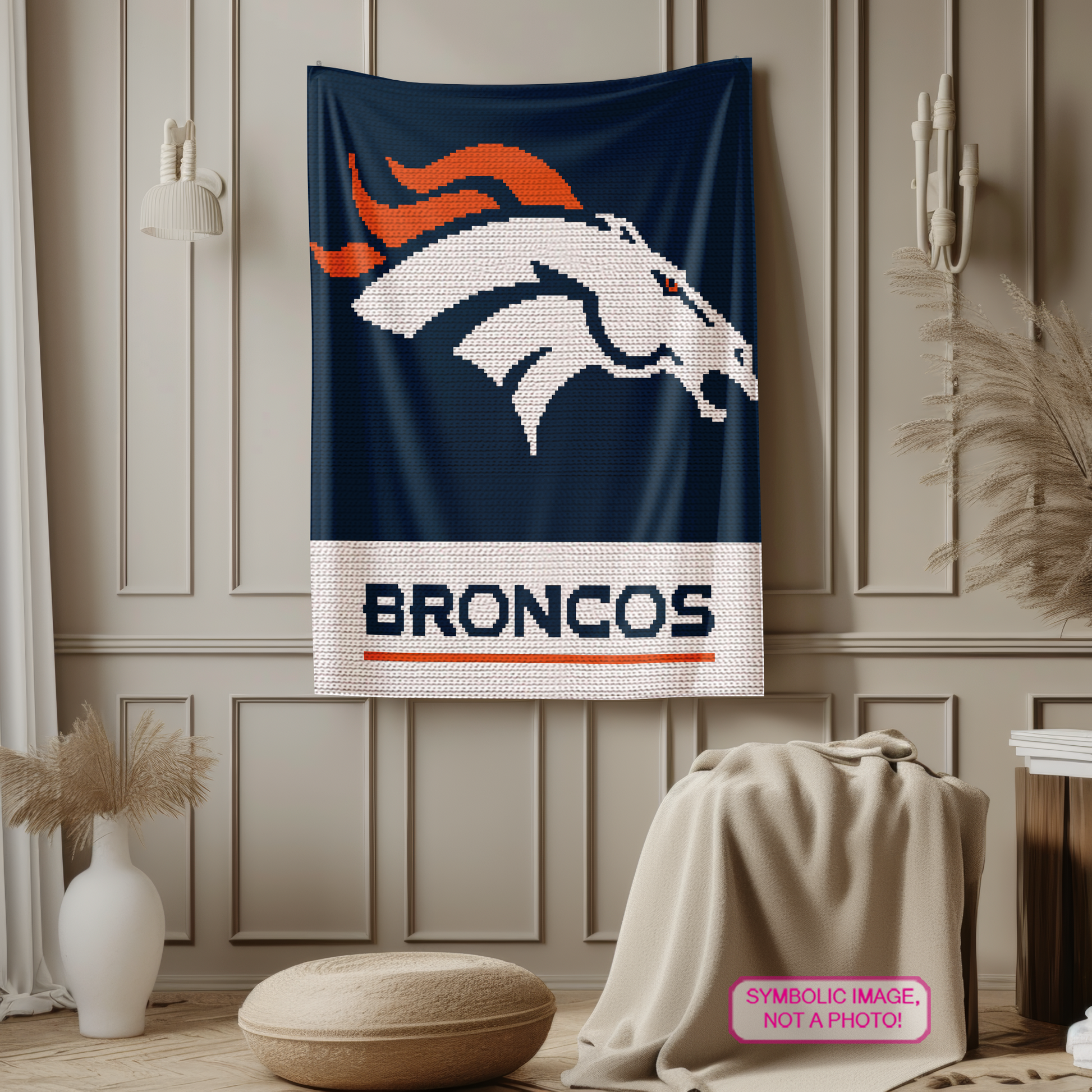 C2C sports crochet graph pattern for football season, bedrooms, dorm rooms, and game-day decor.
Broncos-inspired football crochet blanket pattern with three colors, full graph, and written instructions.