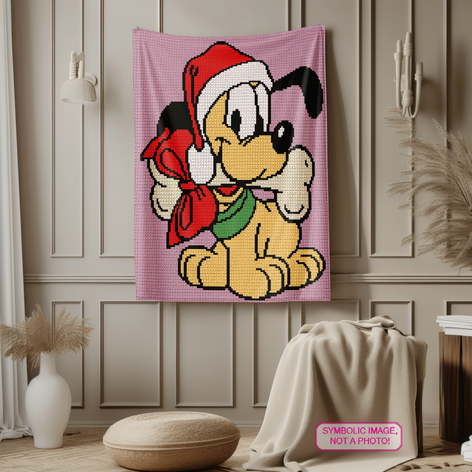 Christmas dog tapestry crochet pattern for a rectangular pillow or blanket with written instructions and color chart.
Cute festive puppy graphgan pattern with Santa hat and Christmas gift bag for handmade holiday decor.