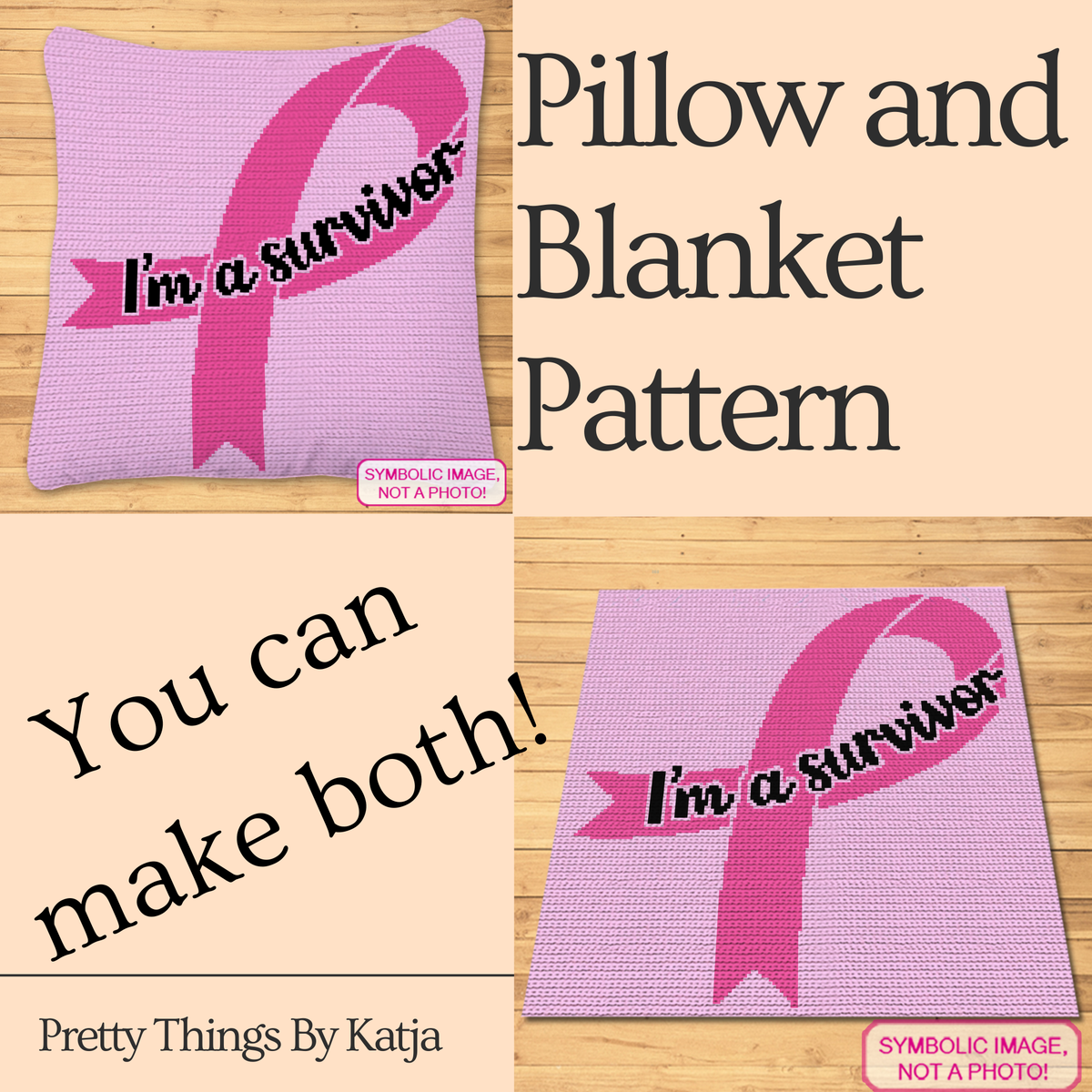 Survivor Ribbon SC Crochet Pattern featuring a bold pink cancer awareness ribbon and the message “I’m a Survivor.” This meaningful graphgan design can be used for a pillow with lighter yarn or a larger blanket with worsted-weight yarn.