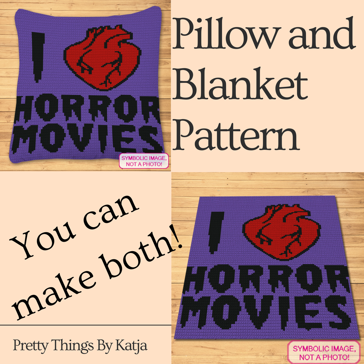 I Love Horror Movies crochet graphghan pattern with 100 x 140 stitch design.
Gothic crochet blanket and pillow pattern featuring a red heart and horror movie quote.