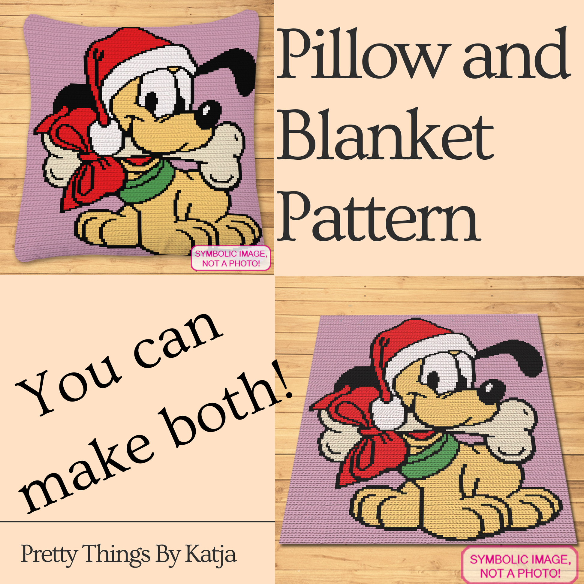 Christmas Baby Pluto tapestry crochet blanket and pillow pattern featuring a cute puppy in a Santa hat with a red gift bag.
Single crochet Christmas dog graphgan pattern with a 150 x 150 color chart and written row-by-row instructions.