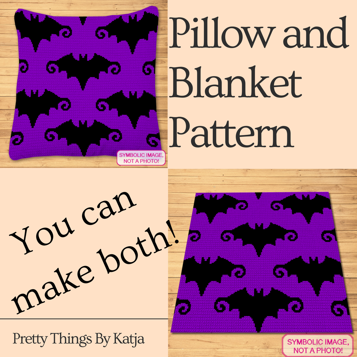 Halloween SC crochet graphghan pattern with repeating black bat silhouettes on purple.
Gothic crochet blanket pattern featuring a seamless bat motif in black and purple.