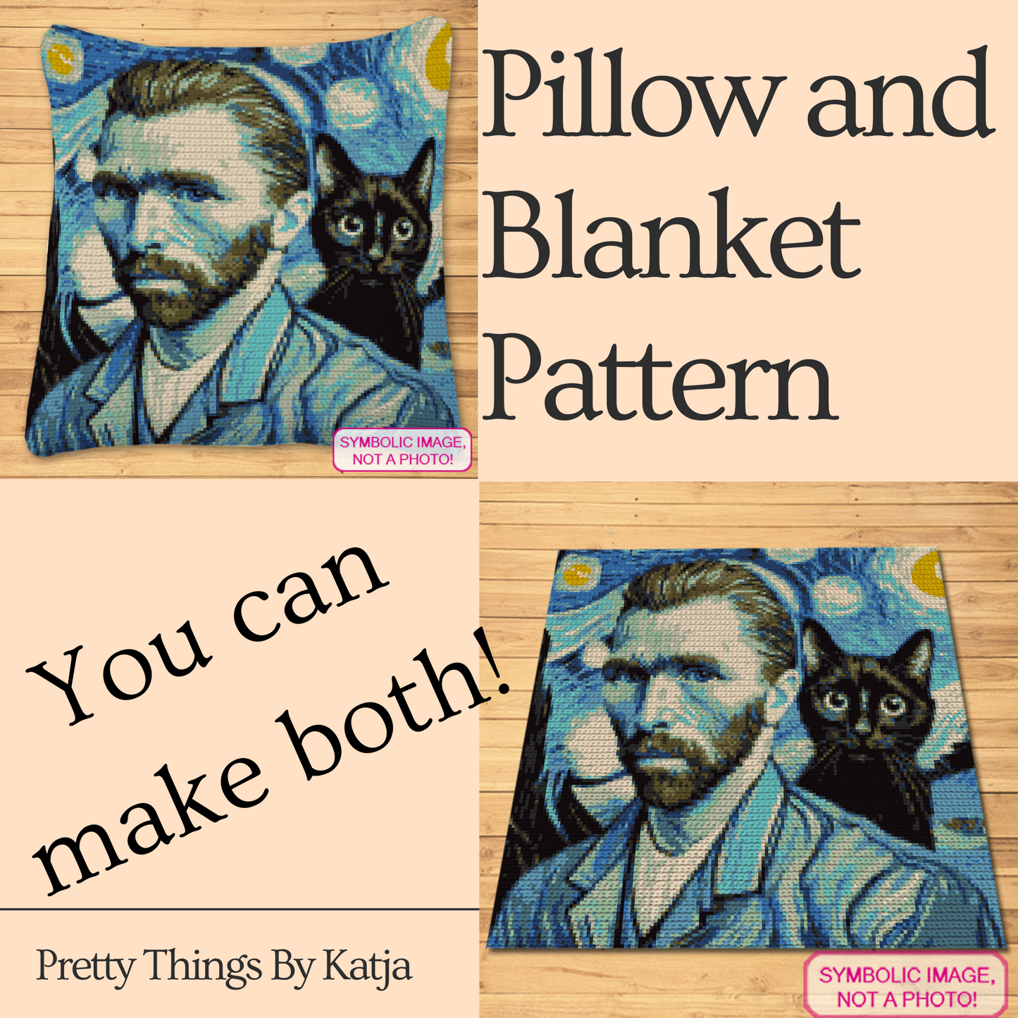 Van Gogh portrait with black cat tapestry crochet blanket and pillow pattern with written instructions and 149 x 149 color chart.
Single crochet famous artist graphgan pattern featuring a Van Gogh-inspired portrait and black cat design.