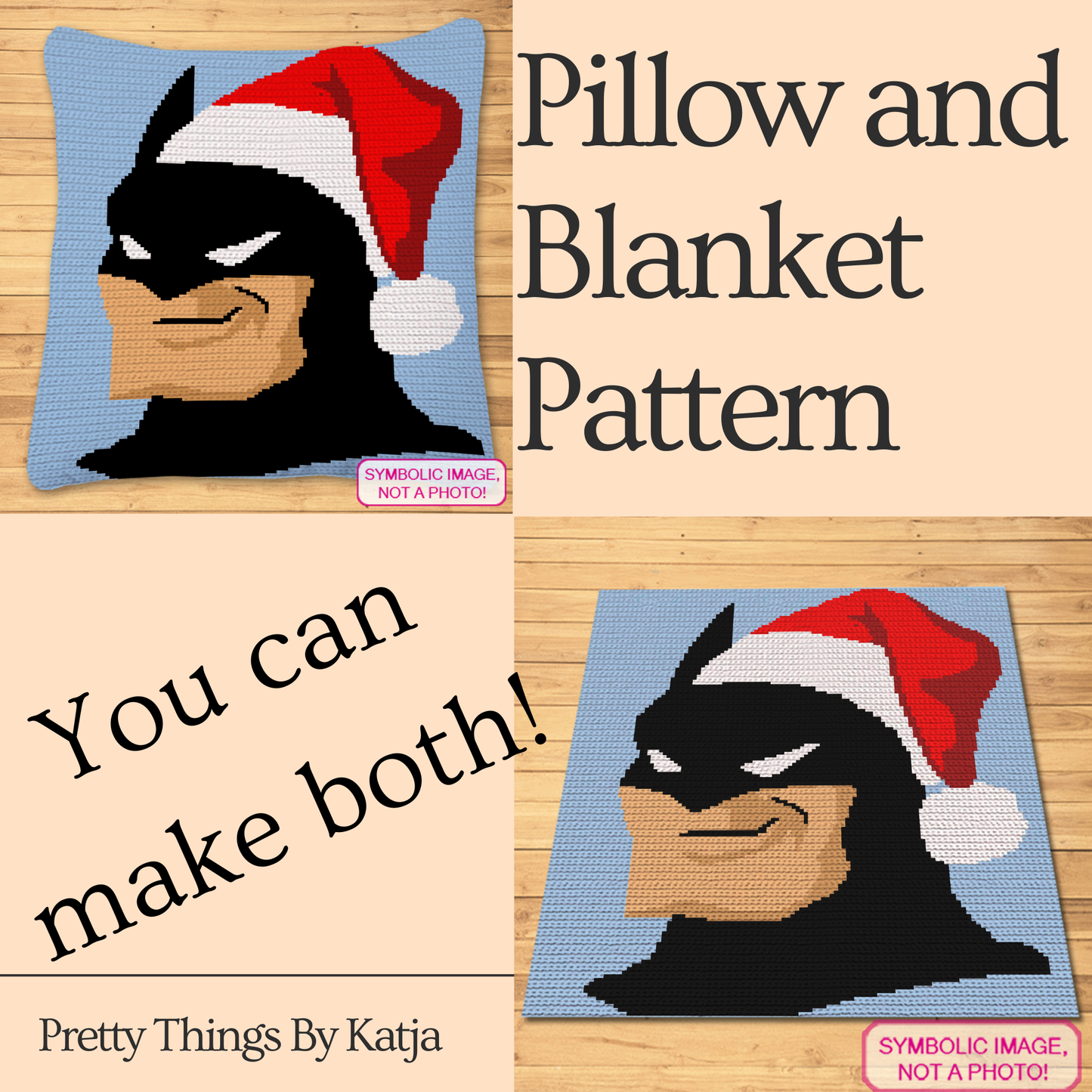 Christmas Batman tapestry crochet blanket and pillow pattern featuring a superhero portrait wearing a red Santa hat.
Single crochet superhero Christmas graphgan pattern with a 120 x 150 color chart and written row-by-row instructions.