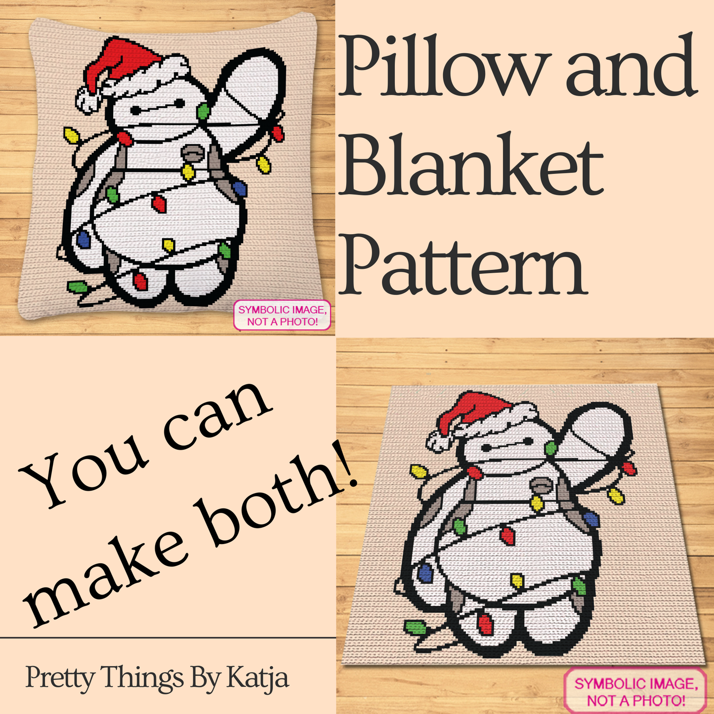 Single crochet holiday robot graphgan pattern with a 140 x 150 color chart and written row-by-row instructions.
Christmas robot crochet blanket and pillow pattern using peach, white, black, red, grey, green, blue, and yellow yarn.