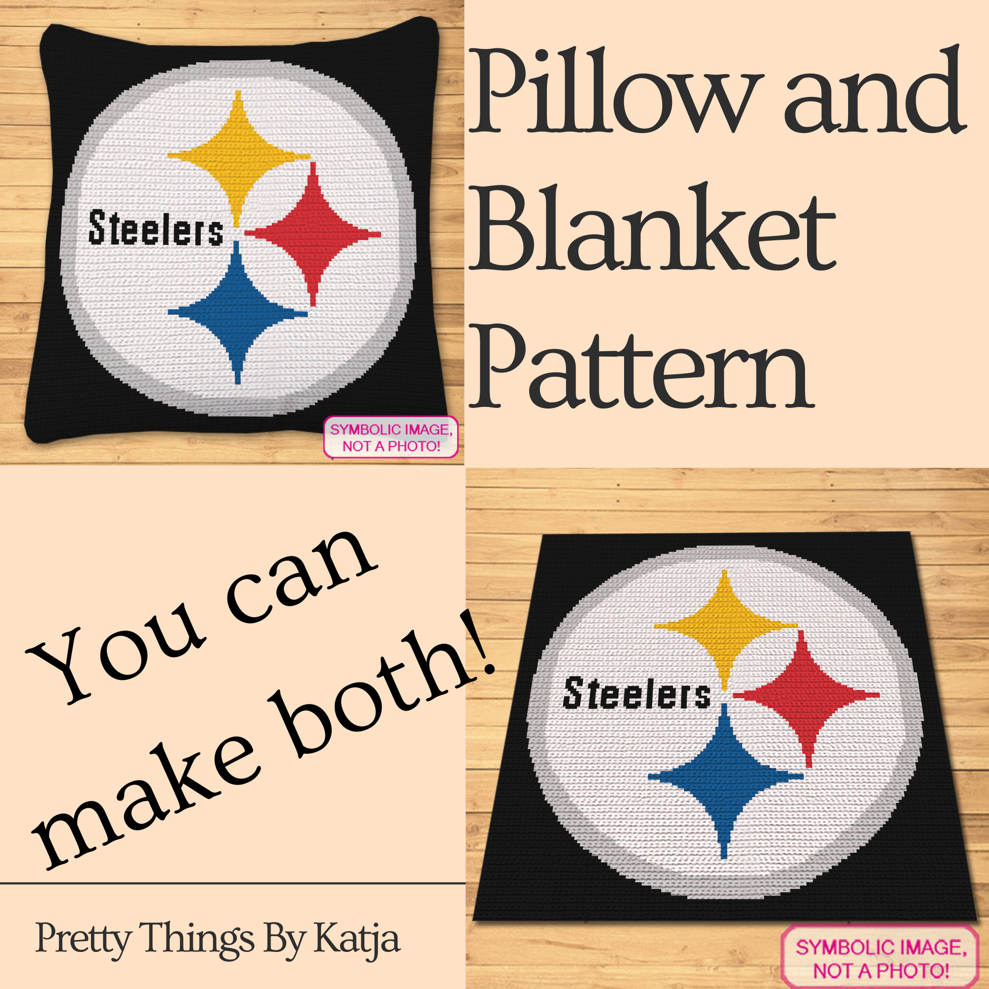 Single crochet football graphgan pattern with a 150 x 150 color chart and written row-by-row instructions.
Black and gold football crochet pattern for a rectangular pillow or blanket and handmade fan gift.