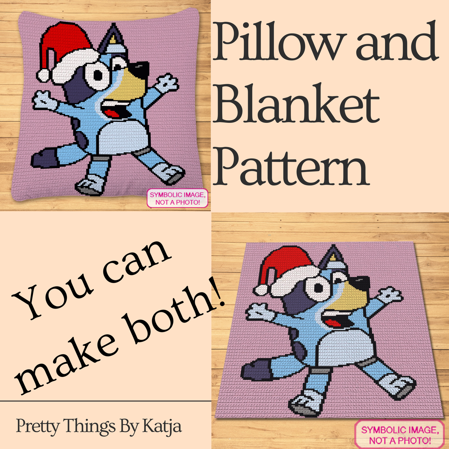 Single crochet holiday puppy graphgan pattern with a 130 x 150 color chart and written row-by-row instructions.
Christmas blue puppy crochet blanket and pillow pattern using pink, white, light blue, blue, dark blue, black, grey, red, and beige yarn.