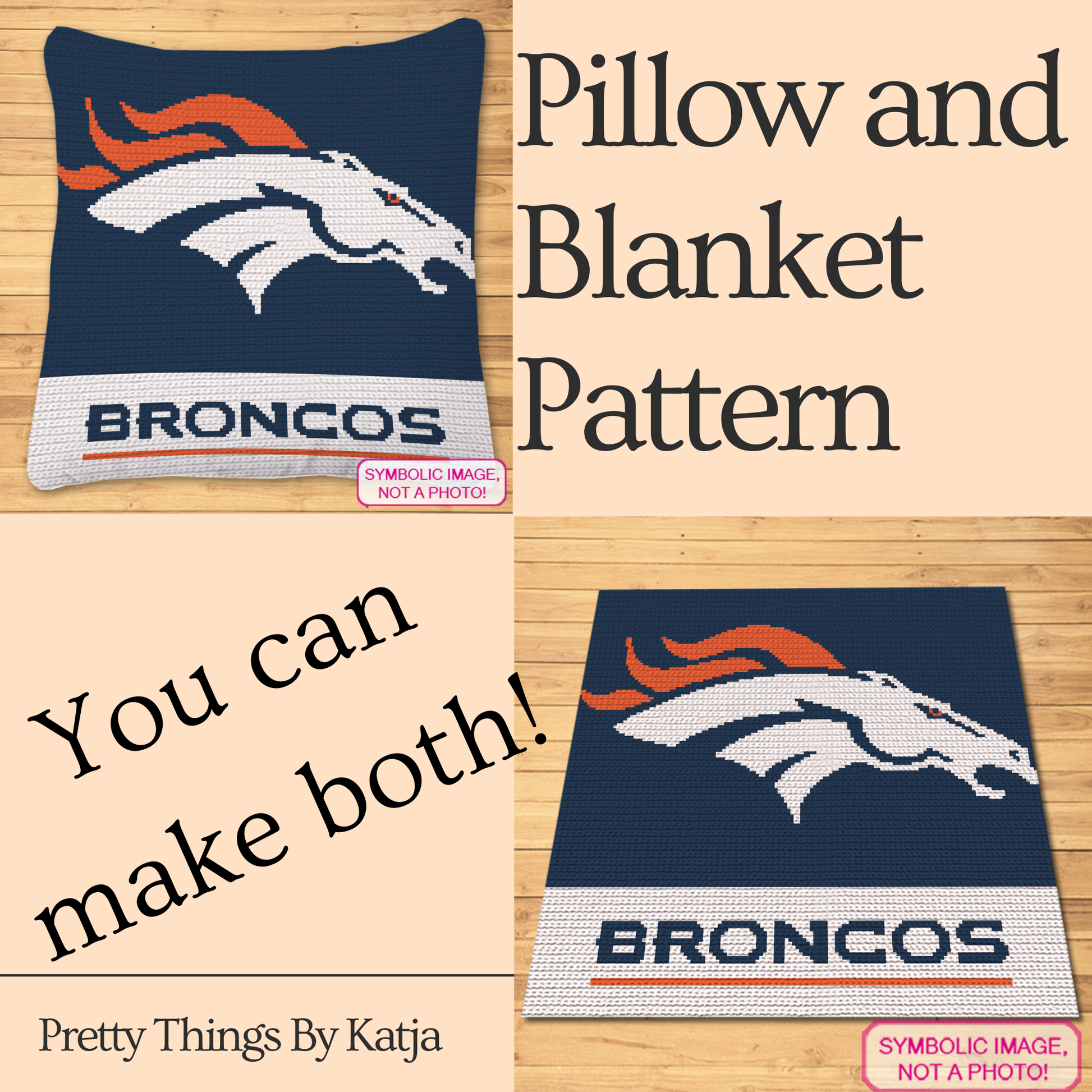 Single crochet football graphgan pattern with a 150 x 150 color chart and written row-by-row instructions.
Navy and orange football crochet pattern for a rectangular pillow or blanket and handmade fan gift.
