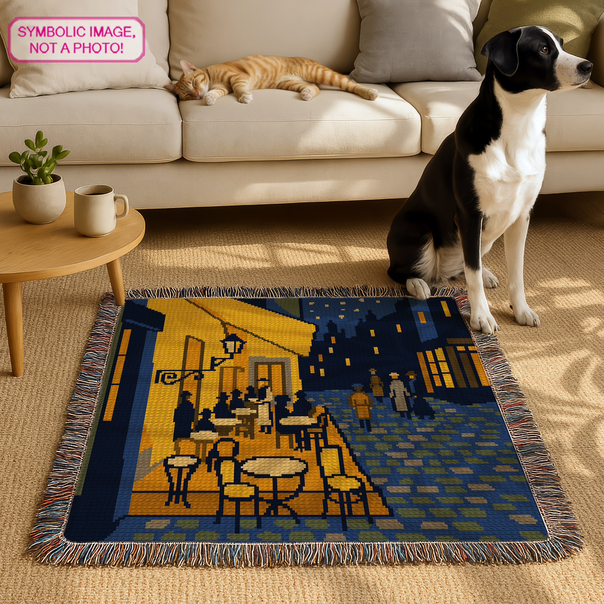 Van Gogh The Café Terrace tapestry crochet blanket pattern featuring a night café scene with warm lights and written instructions.
Famous painting SC crochet graphghan pattern inspired by Van Gogh café terrace art with a 200 x 150 color chart.