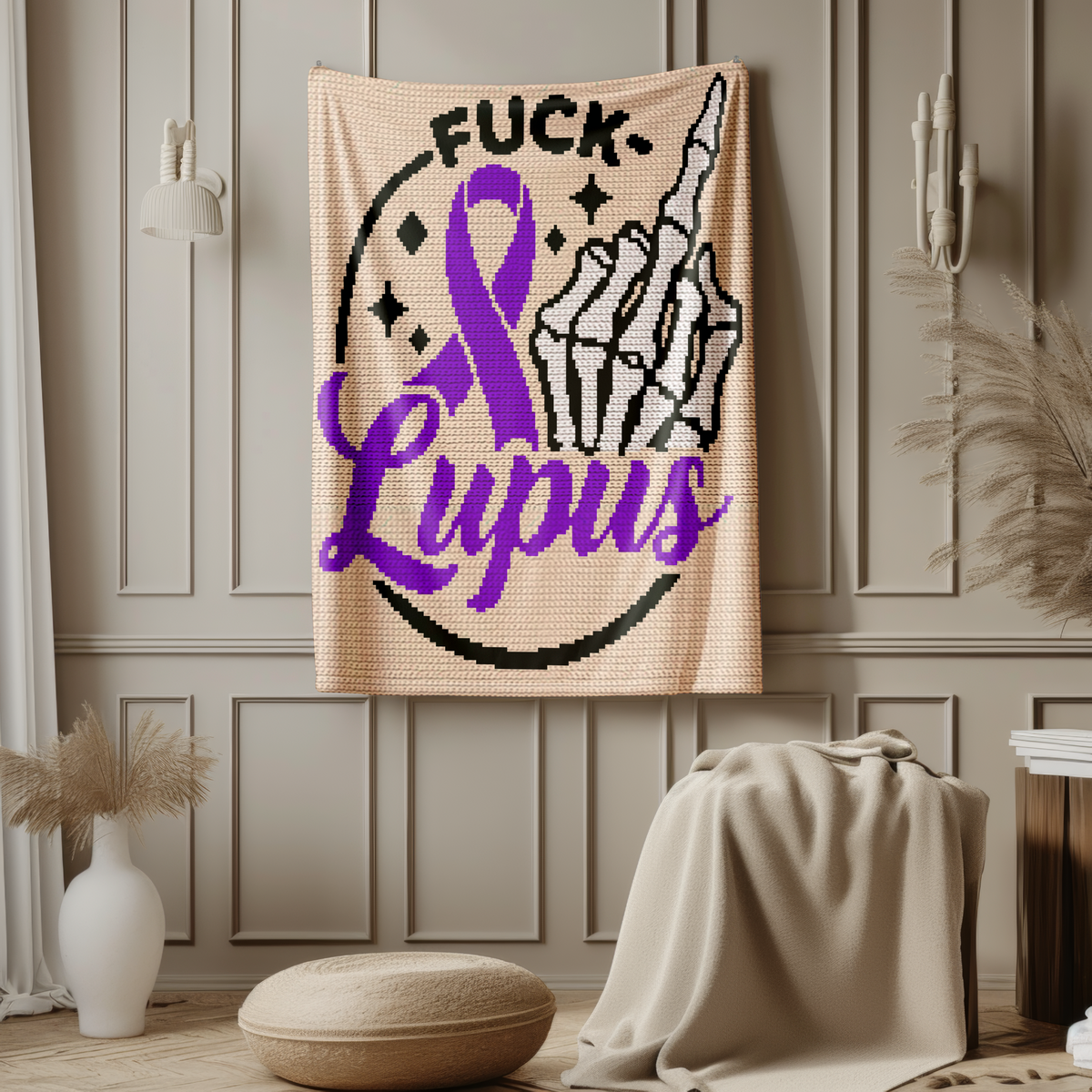 Fuck Lupus Skeleton Middle Finger SC Crochet Blanket & Pillow Pattern PDF