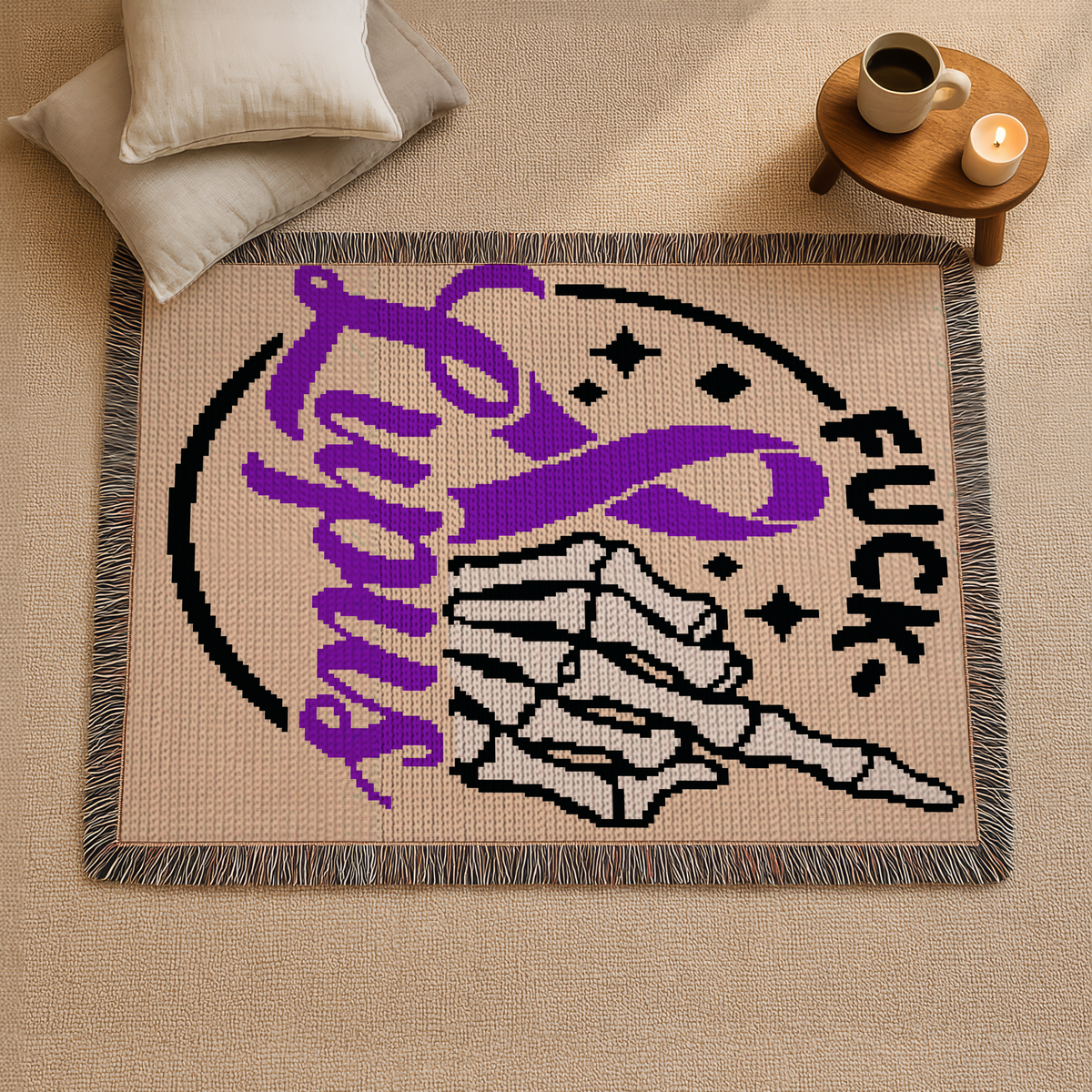 Fuck Lupus C2C Crochet Blanket Pattern featuring a bold purple lupus awareness ribbon, a skeleton middle finger, and a strong sassy message. This digital crochet pattern is designed for C2C (corner-to-corner) crochet and is perfect for creating a statement awareness blanket or afghan.