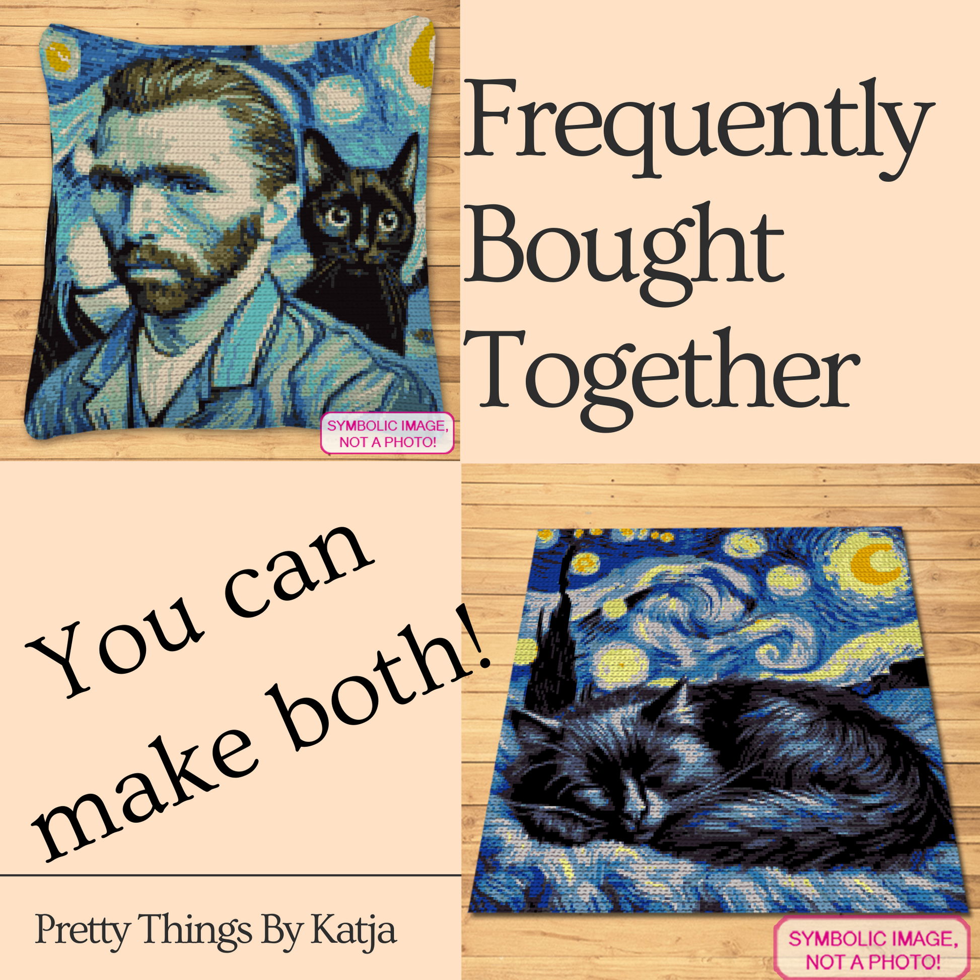 Art-inspired crochet blanket and pillow pattern with black cat, portrait design, 13 colors, and row-by-row instructions.
Van Gogh and cat lover tapestry crochet graph pattern for handmade gifts, art studio decor, and cozy home decor.