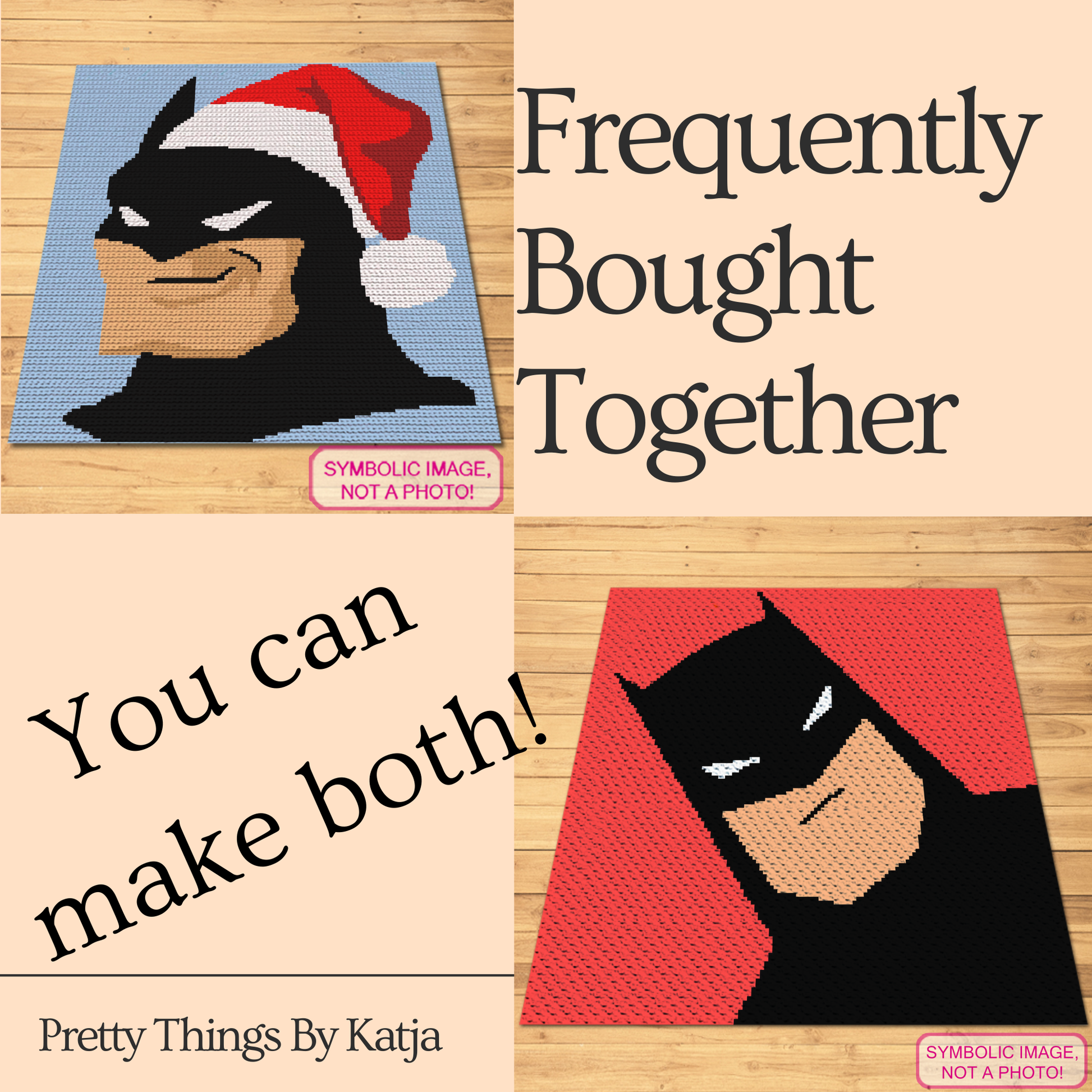 Holiday superhero crochet pillow and blanket pattern using blue, white, beige, red, dark red, light brown, and black yarn.
Christmas Batman-inspired tapestry crochet graph pattern for handmade pillows, blankets, and holiday gifts.