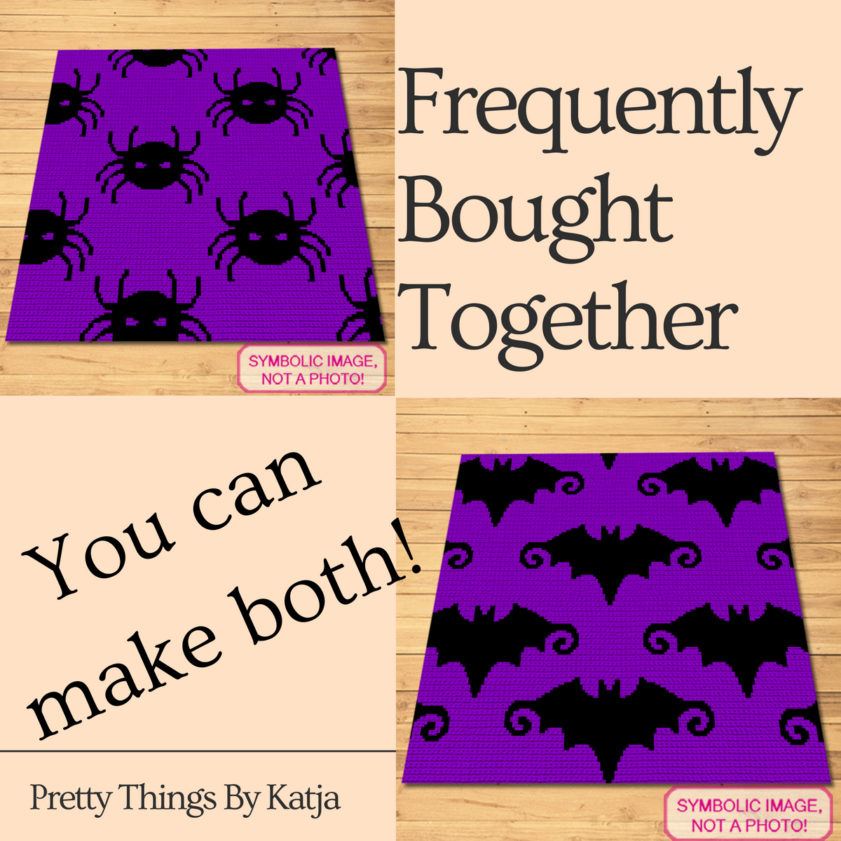 Gothic bat crochet graph pattern with a seamless repeating design in two colors.
Crochet blanket and pillow pattern featuring a bold black bat motif on purple.