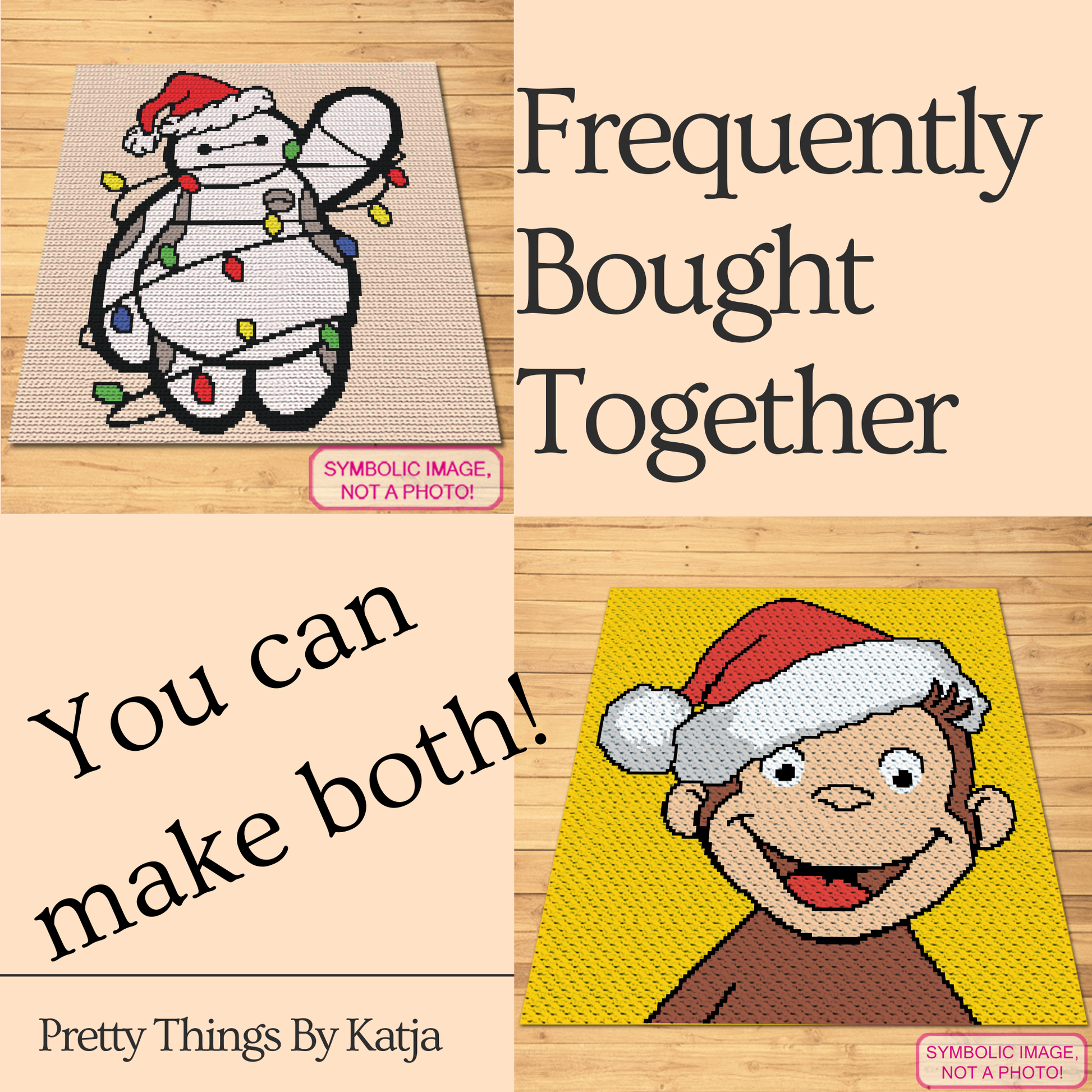 Christmas robot crochet blanket and pillow pattern using peach, white, black, red, grey, green, blue, and yellow yarn.
Character-inspired Christmas tapestry crochet graph pattern for handmade pillows, blankets, and holiday gifts.