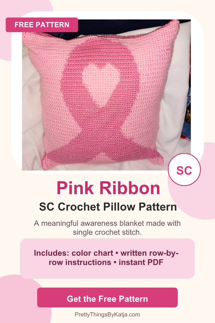 Cancer support single crochet pillow pattern featuring a pink awareness ribbon for handmade comfort gifts and charity projects.
Pink ribbon crochet graph pattern for breast cancer awareness pillows, survivor gifts, and fundraiser crochet projects.