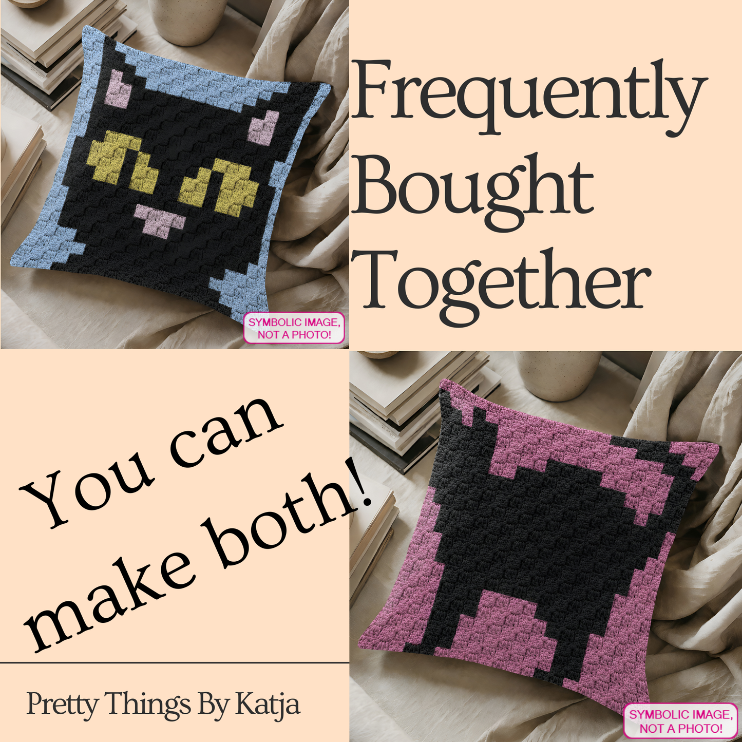 Crochet cat pattern for a C2C pillow cover with color chart and written instructions.