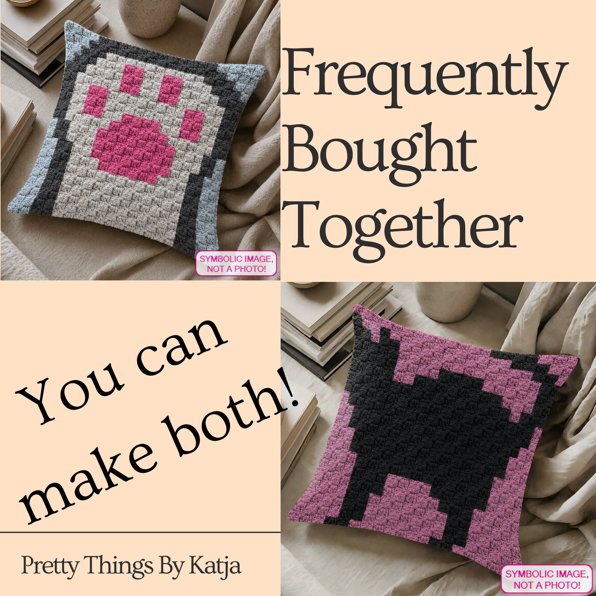 Crochet cat sitting C2C pillow pattern with written row-by-row instructions and color chart.
C2C crochet black cat pillow pattern for cat lovers, Halloween decor, and handmade gifts.