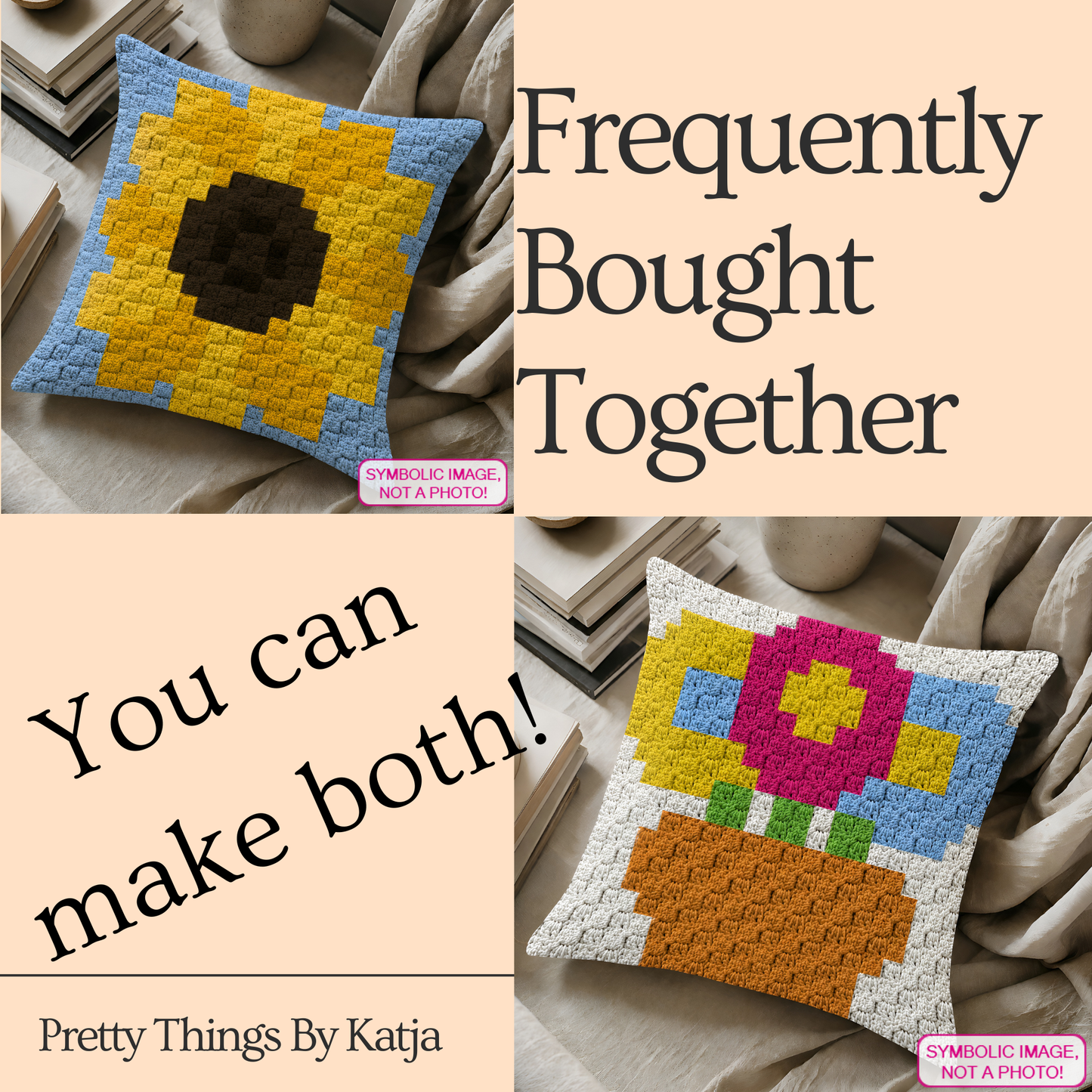rochet floral graph pattern for a C2C pillow cover with written instructions.
Quick weekend crochet project featuring a yellow sunflower graphgan pillow design.