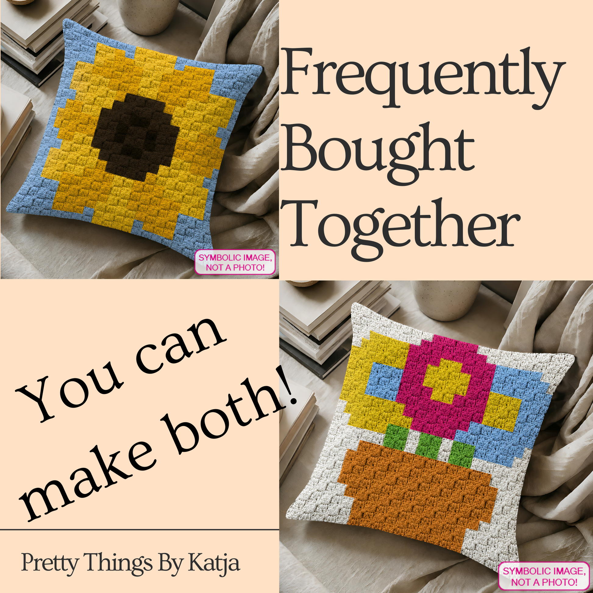 rochet floral graph pattern for a C2C pillow cover with written instructions.
Quick weekend crochet project featuring a yellow sunflower graphgan pillow design.