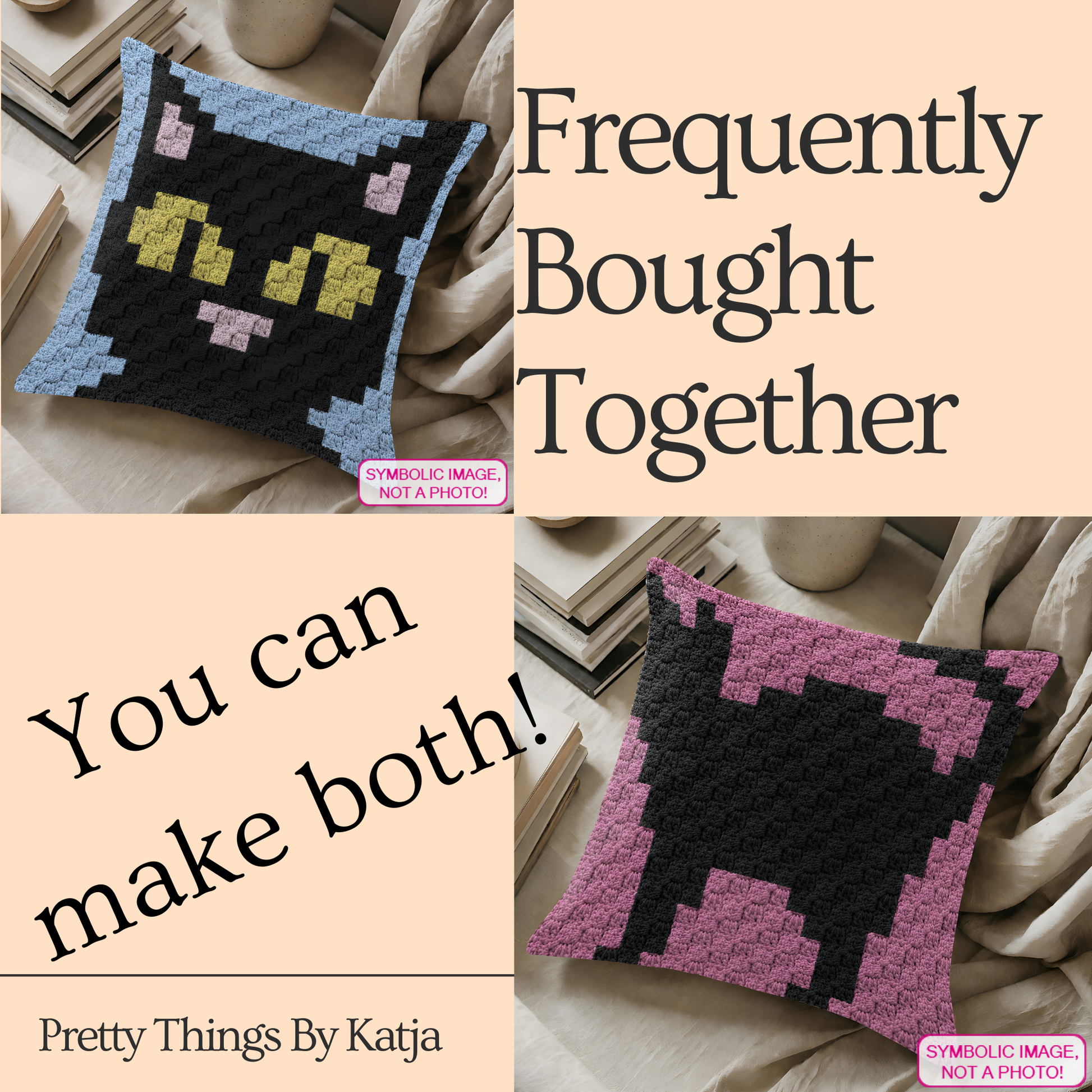C2C crochet pillow pattern with written instructions featuring a cute black cat face graph design for a handmade cat lover gift.