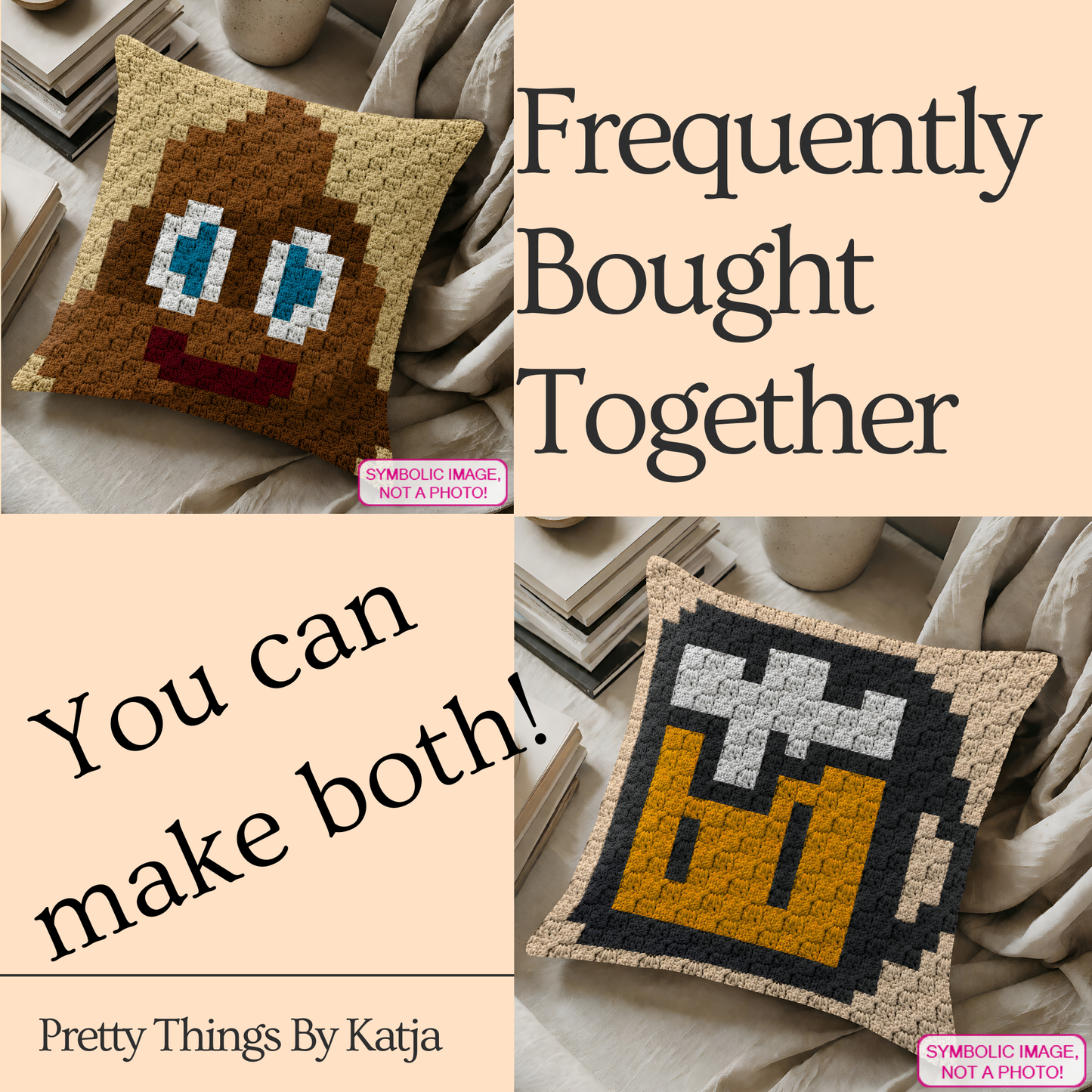 C2C crochet funny poop pillow pattern for kids, teens, gag gifts, and novelty decor.
Beginner-friendly C2C crochet pillow pattern featuring a smiling poop emoji in 20 x 20 blocks.