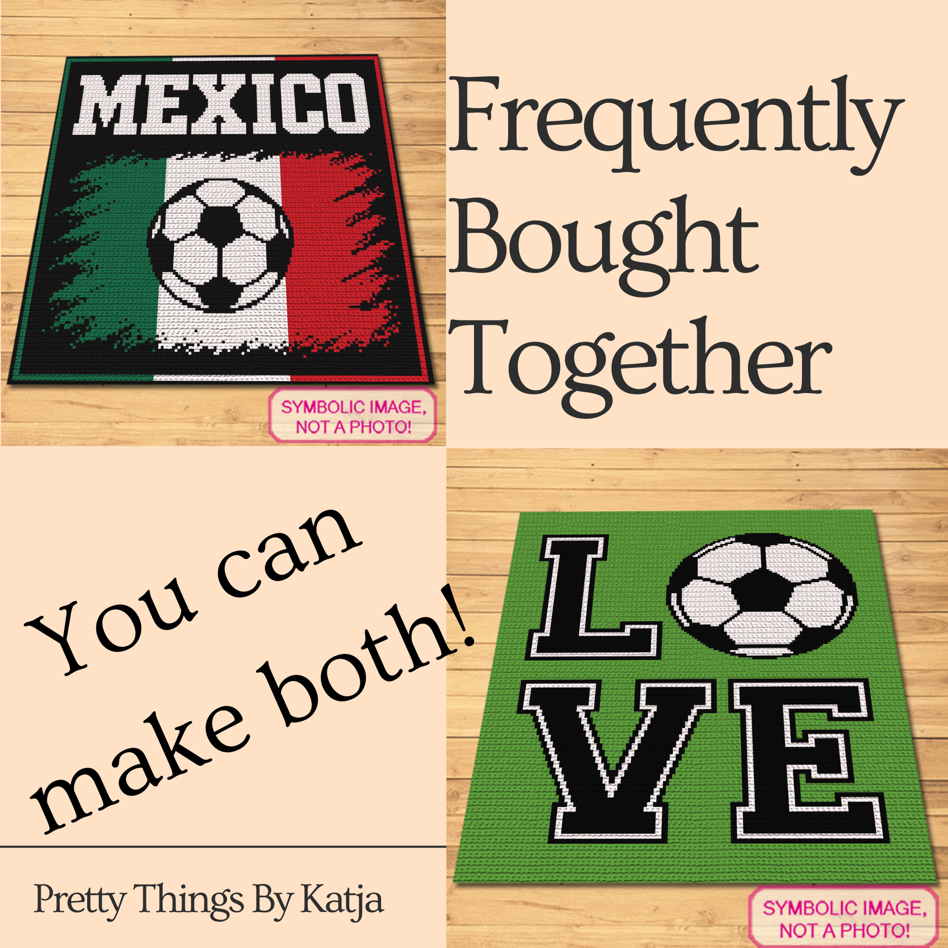 Mexico football crochet graph pattern for World Cup fans, soccer players, kids’ rooms, and handmade gifts.
C2C Mexico soccer blanket pattern with flag-inspired colors, soccer ball design, and written instructions.