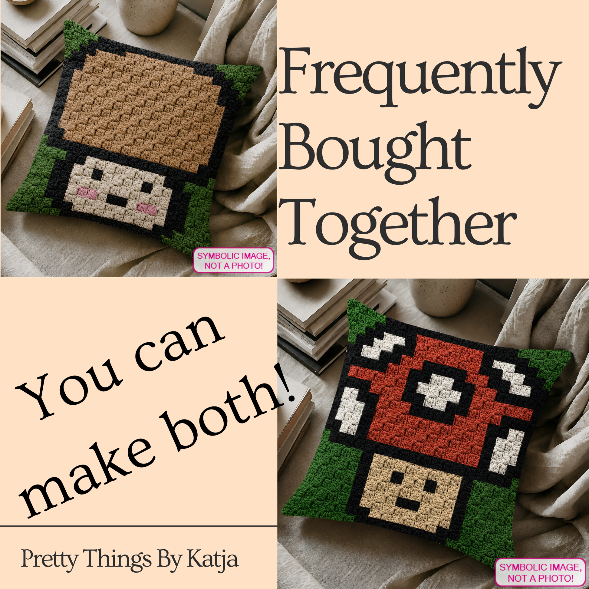 C2C crochet mushroom pillow pattern for cottagecore decor, woodland nurseries, and handmade gifts.
Beginner-friendly C2C crochet pillow pattern featuring a cute mushroom design in 20 x 20 blocks.