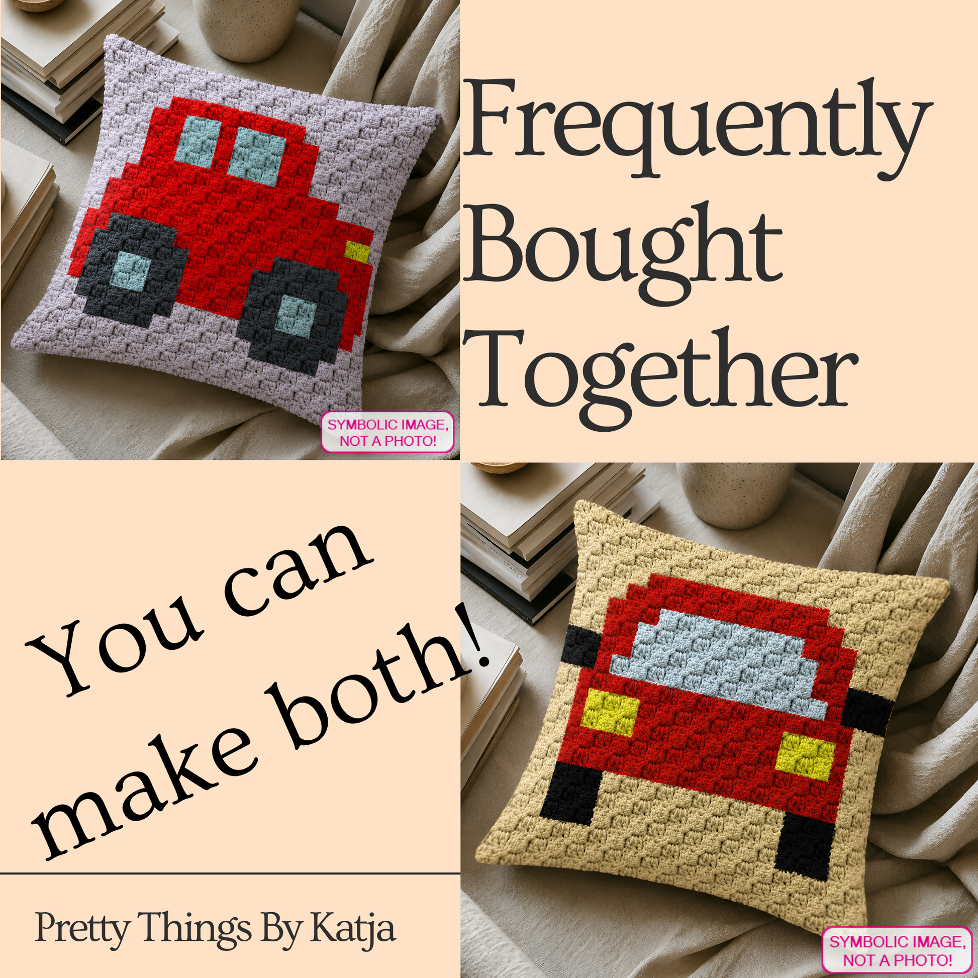 Beginner-friendly C2C crochet pillow pattern featuring a red car design in 20 x 20 blocks.
