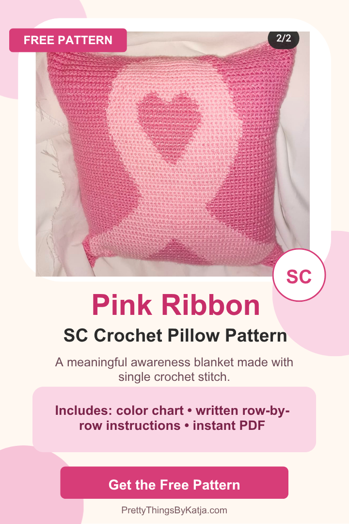 Pink Ribbon free SC crochet pillow pattern featuring a cancer awareness ribbon with heart detail and written instructions.
Free breast cancer awareness tapestry crochet pattern with pink ribbon design, color chart, and row-by-row instructions.