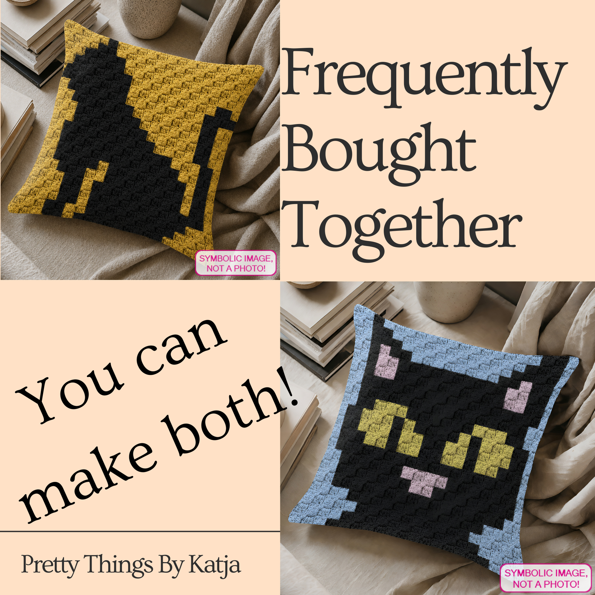 Crochet cat sitting C2C pillow pattern with written row-by-row instructions and color chart.
C2C crochet black cat pillow pattern for cat lovers, Halloween decor, and handmade gifts.