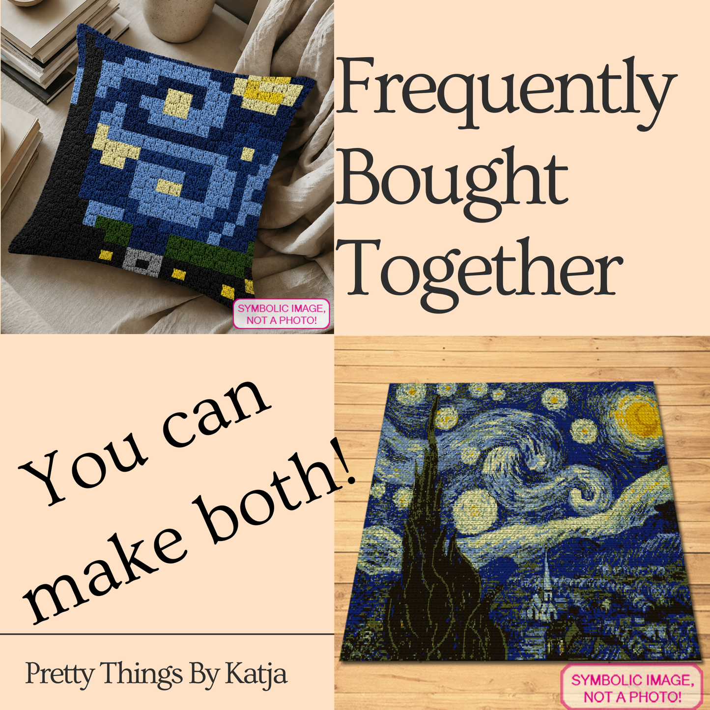 Crochet Van Gogh C2C pillow pattern featuring a Starry Night inspired graph design with navy, blue, yellow, grey, green, and black yarn.
Famous painting crochet pillow pattern with Starry Night inspired C2C chart and row-by-row instructions.