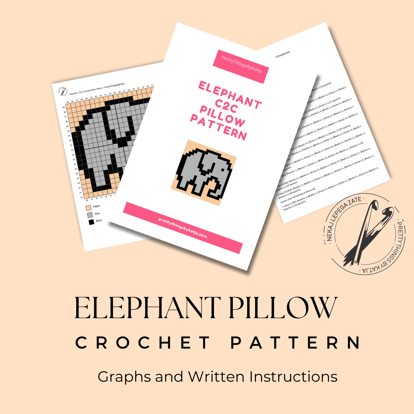 C2C elephant pillow crochet pattern, instant download PDF for nursery and animal-themed decor.
Beginner-friendly C2C crochet pillow pattern featuring a gray elephant design in 20 x 20 blocks.